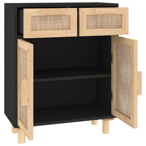 Schwarzes Sideboard 60cm Massivholz & Rattan