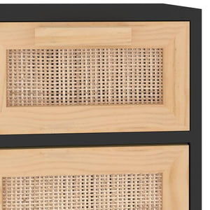 Schwarzes Sideboard 60cm Massivholz & Rattan