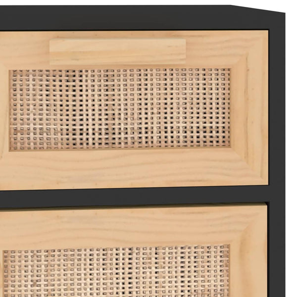 Schwarzes Sideboard 60cm Massivholz & Rattan