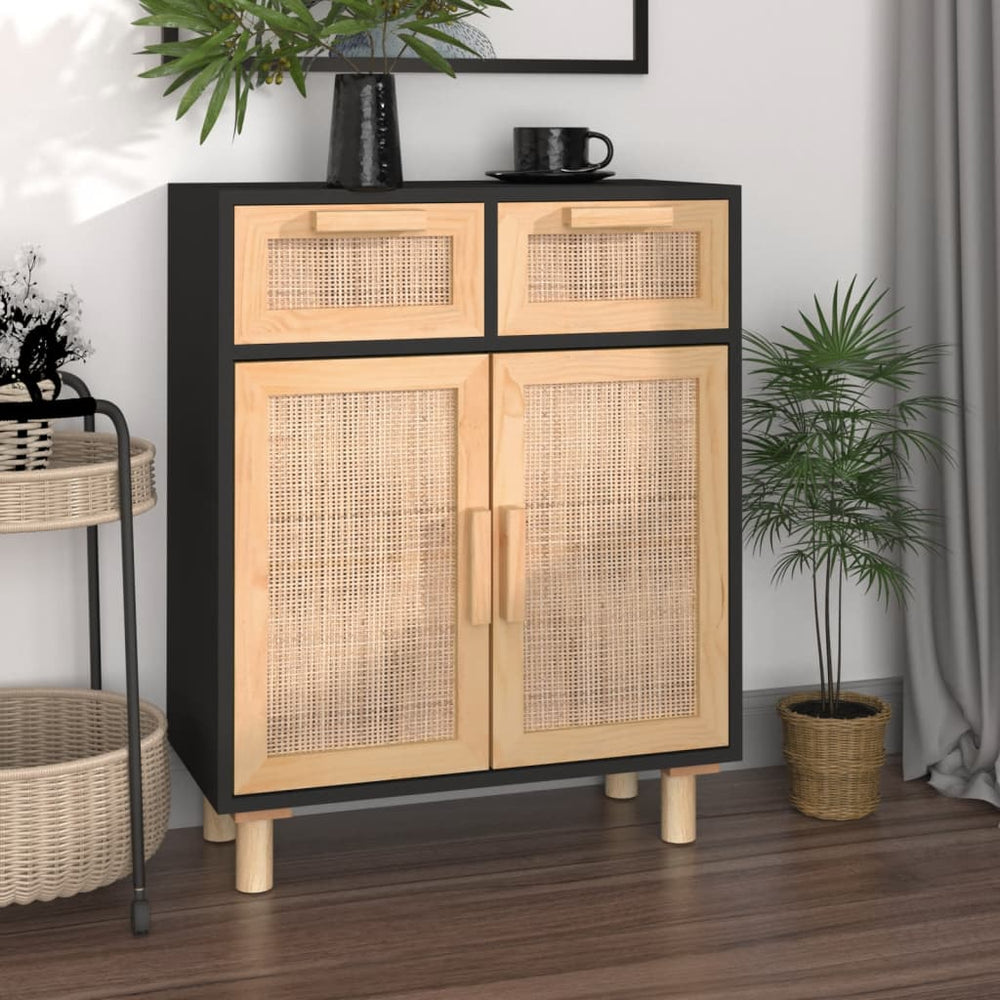 vidaXL Sideboard Black 60x30x75cm Solid Pine Wood and Natural Rattan