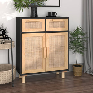 Schwarzes Sideboard 60cm Massivholz & Rattan