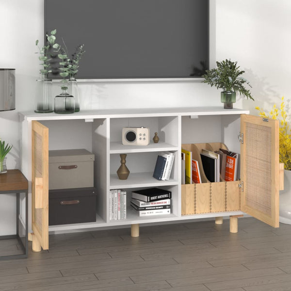 Weißes Sideboard 105cm Kiefer Massivholz & Rattan