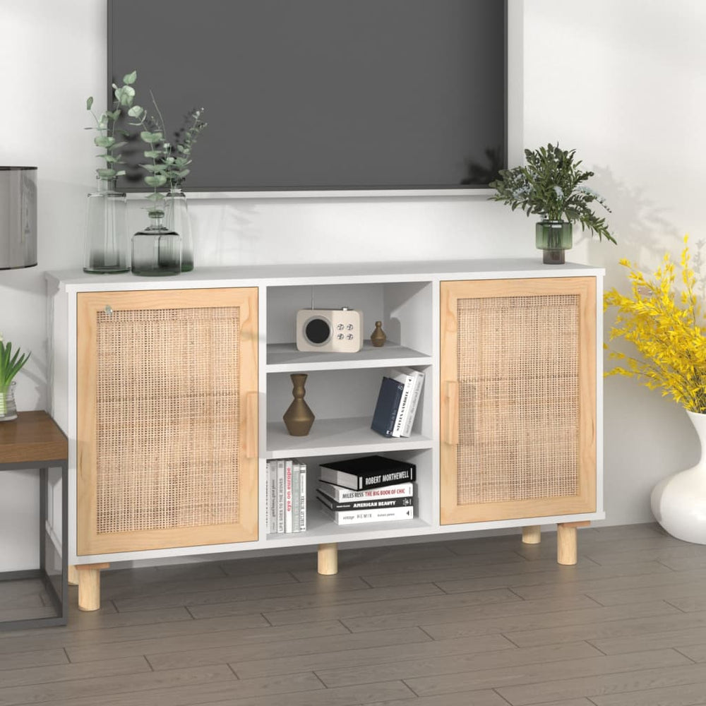 Weißes Sideboard 105cm Kiefer Massivholz & Rattan