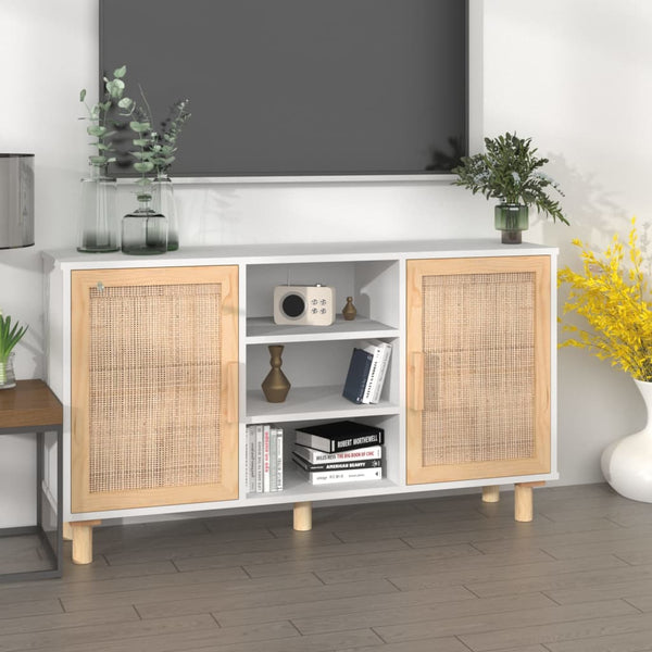 Weißes Sideboard 105cm Kiefer Massivholz & Rattan