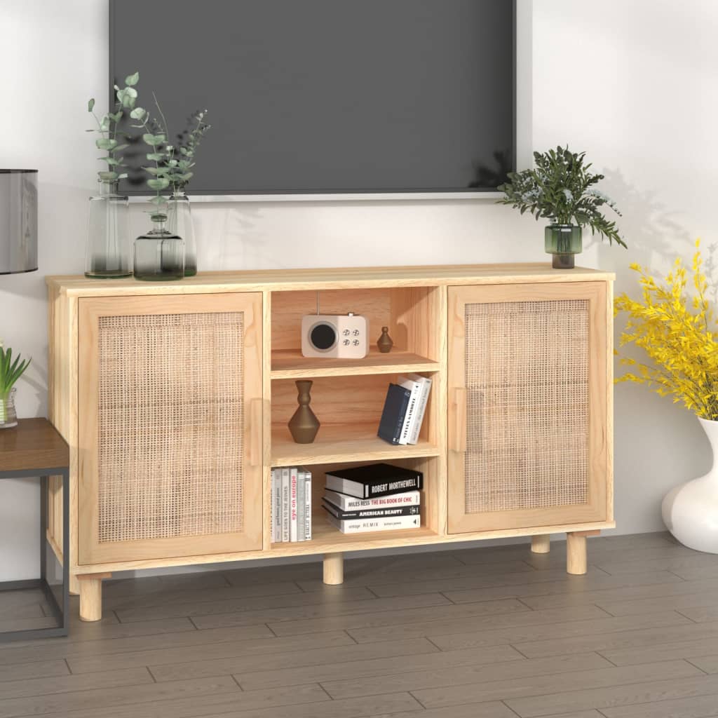 Braunes Sideboard 105cm Kiefer Massivholz & Rattan