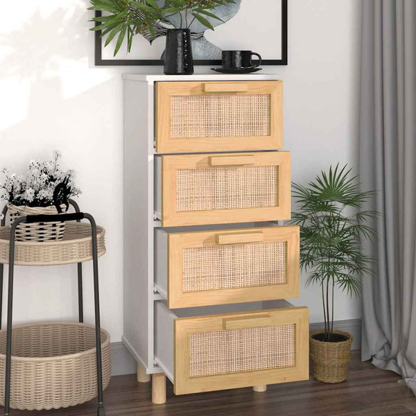 Weißes Sideboard 40x30x90cm Kiefer Massivholz Rattan