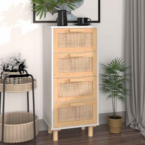 Weißes Sideboard 40x30x90cm Kiefer Massivholz Rattan