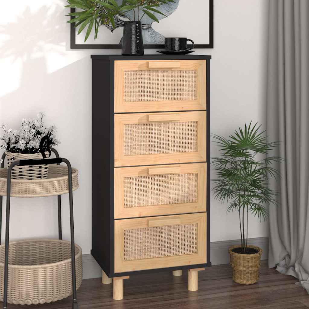 vidaXL Buffet noir 40x30x90 cm Bois de pin massif et rotin naturel