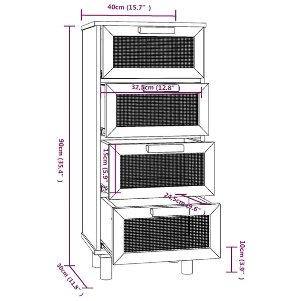 Braunes Sideboard 40x90 cm Kiefer Massivholz Rattan