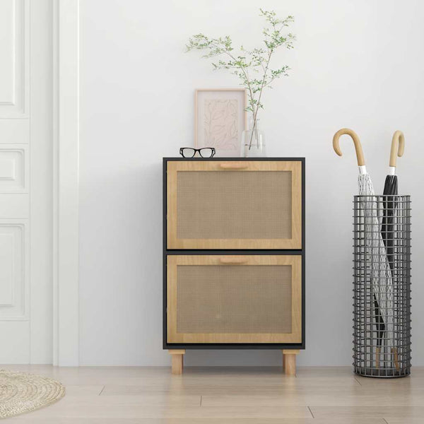 Schuhschrank Schwarz Holz & Rattan 52x80 cm