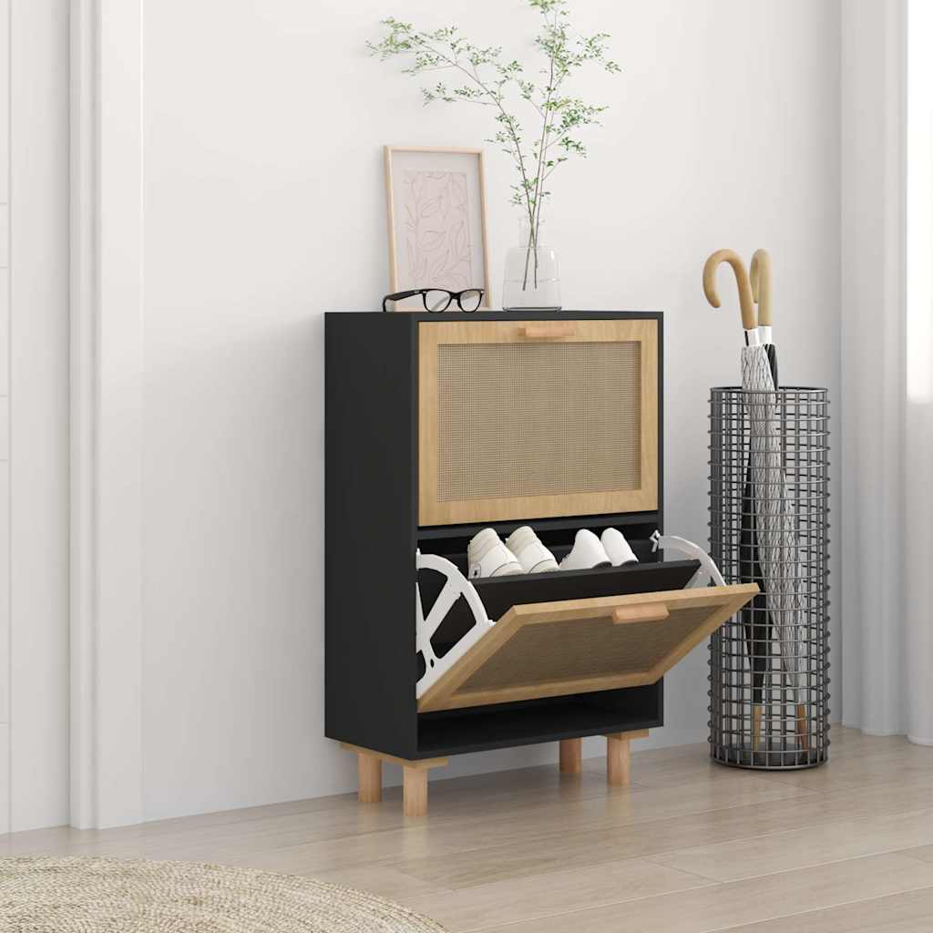 Schuhschrank Schwarz Holz & Rattan 52x80 cm
