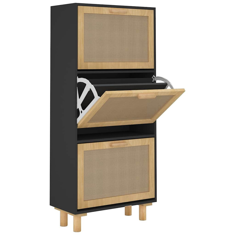 Schuhschrank Schwarz mit Rattan 52x25x115 cm