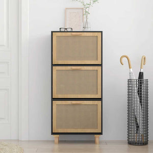 Schuhschrank Schwarz mit Rattan 52x25x115 cm