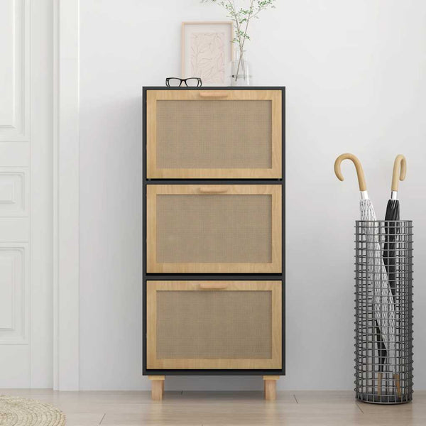 Schuhschrank Schwarz mit Rattan 52x25x115 cm