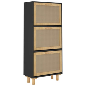 Schuhschrank Schwarz mit Rattan 52x25x115 cm