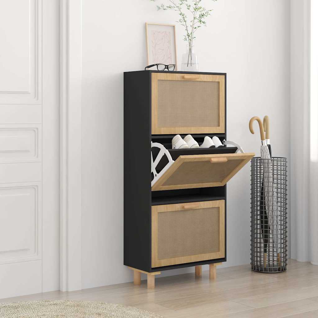 Schuhschrank Schwarz mit Rattan 52x25x115 cm