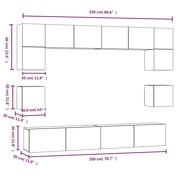8-tlg. TV-Schrank-Set Räuchereiche Holzwerkstoff