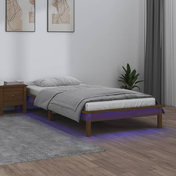 Massivholzbett 90x200 cm mit LED Honigbraun