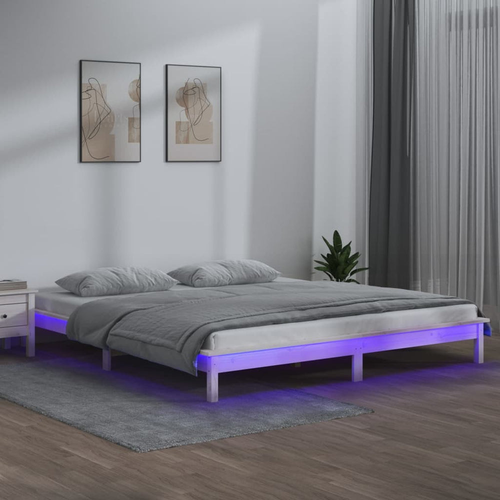 Massivholzbett mit LED Weiß 120x200 cm