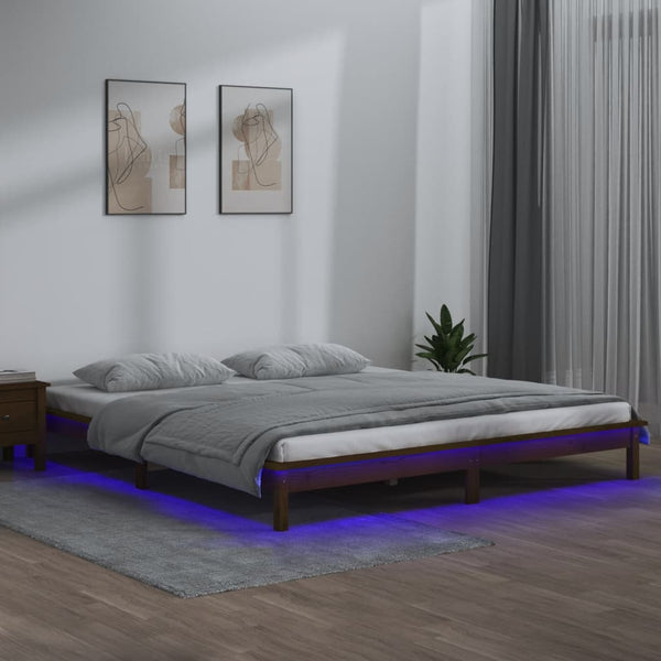 Massivholzbett Honigbraun mit LED 200x200 cm