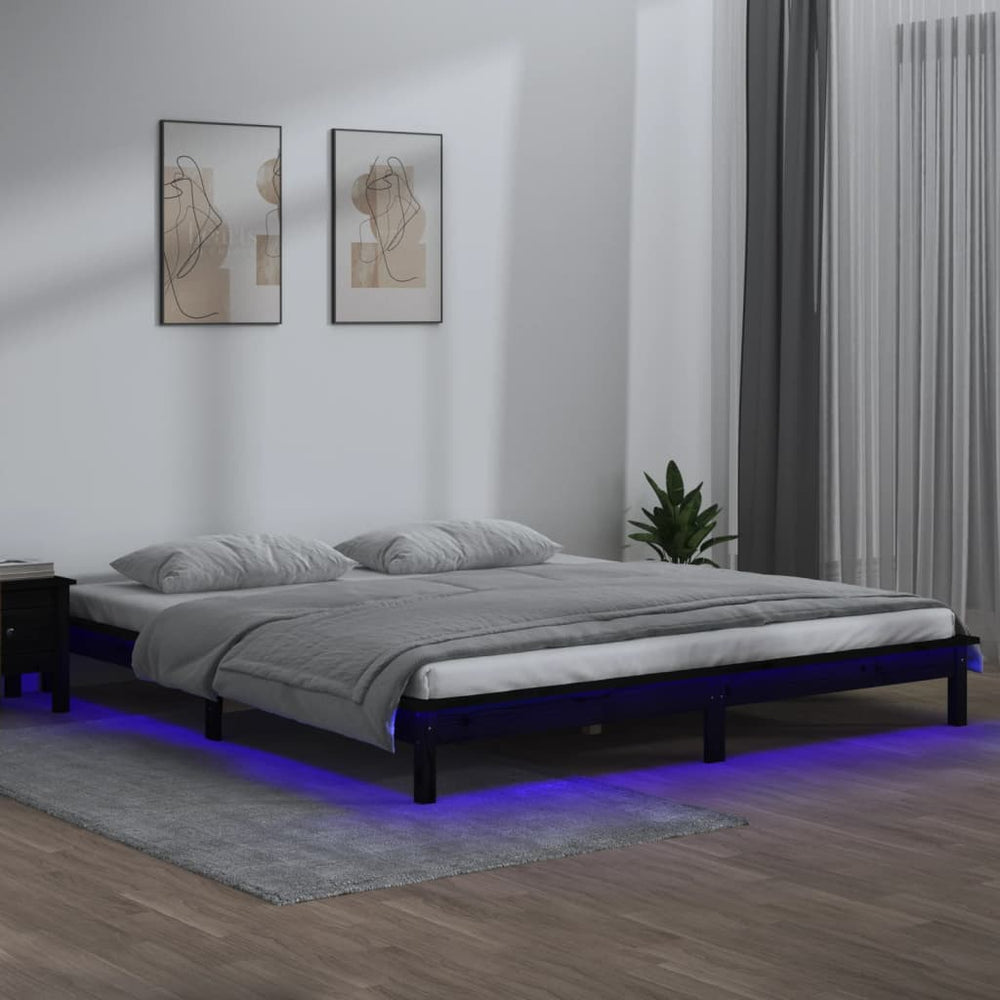 Massivholzbett mit LED Schwarz 200x200 cm