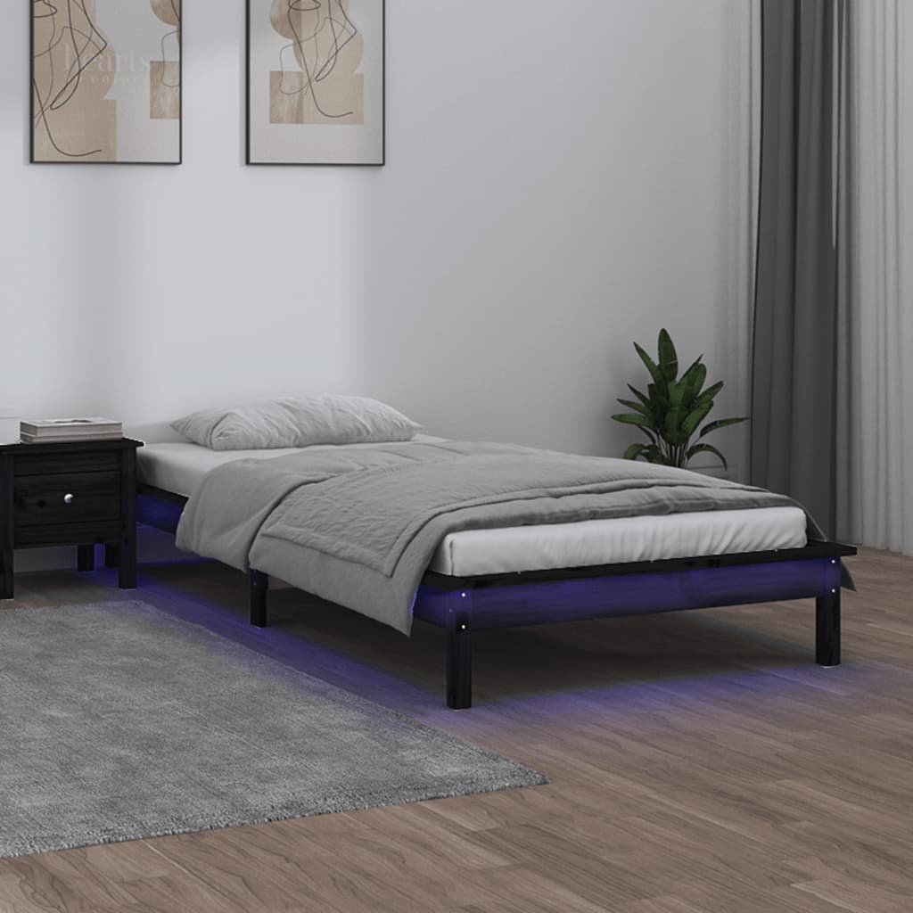 Schwarzes Holzbett mit LEDs 75x190 cm