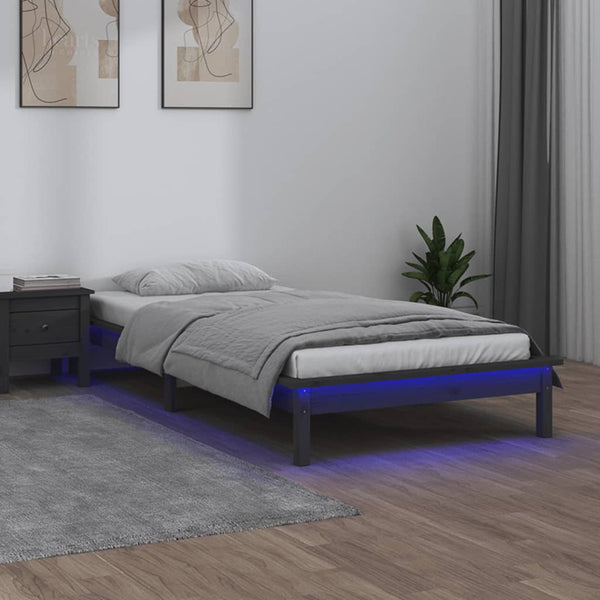 Massivholzbett Grau 90x190 cm mit LEDs