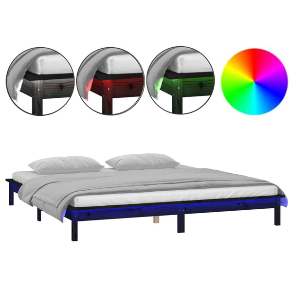 Massivholzbett mit LEDs 120x190 cm Schwarz