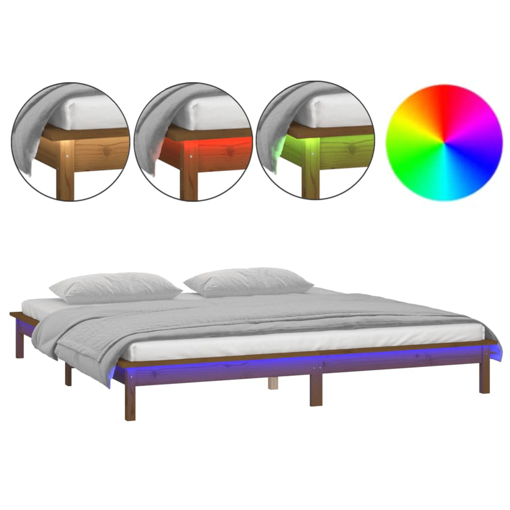 Massivholzbett mit LED Honigbraun 140x190 cm