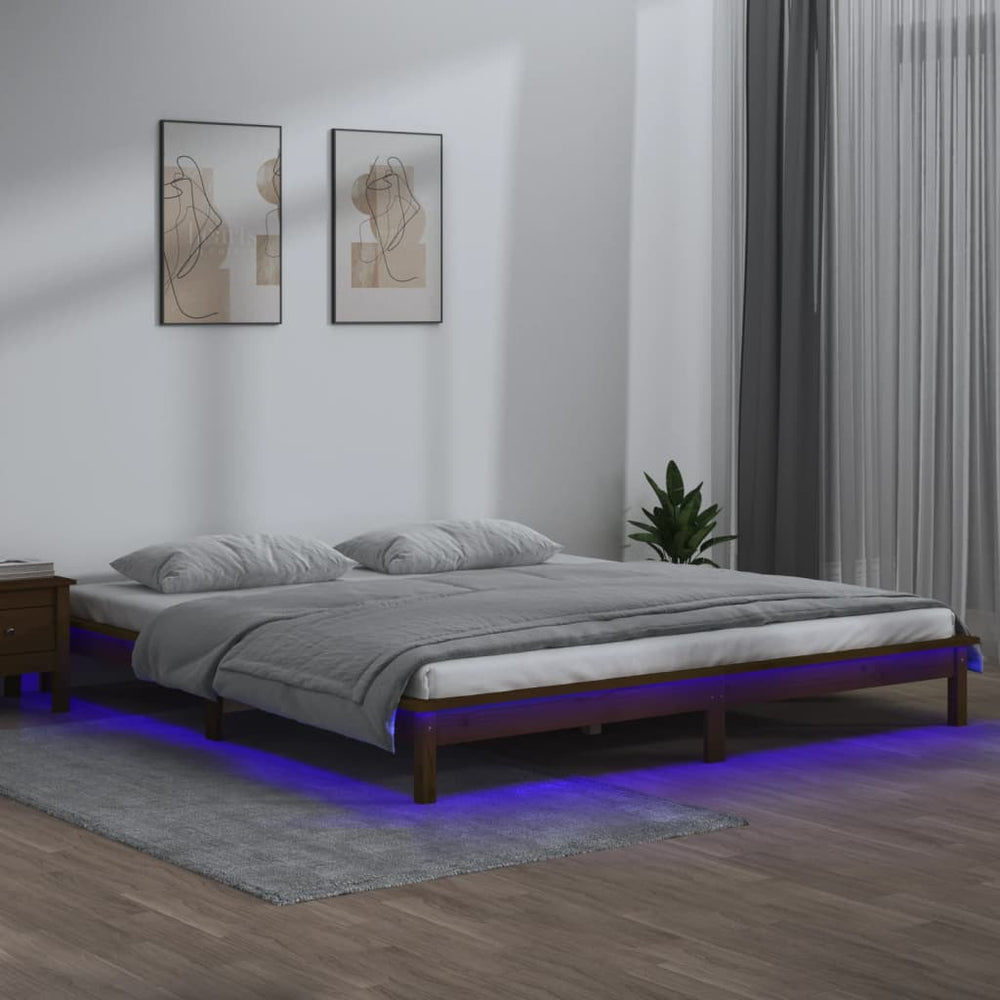 Massivholzbett mit LED Honigbraun 140x190 cm