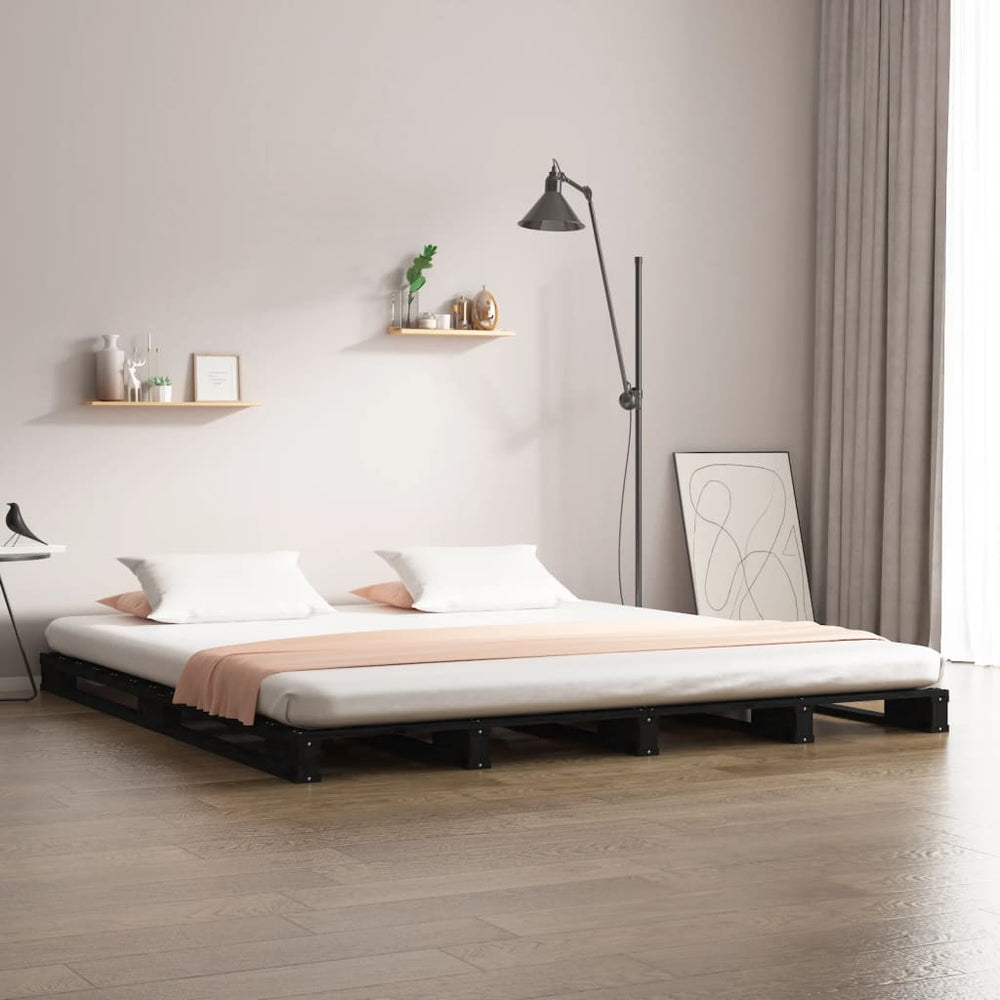 vidaXL Lit palette noir 135x190 cm pin massif