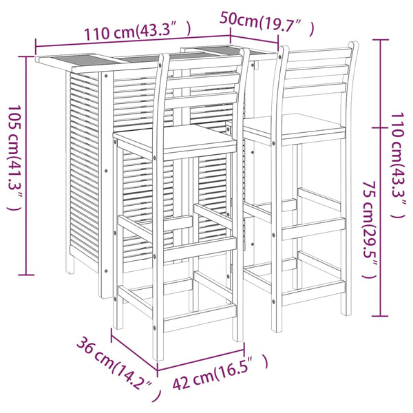 3-tlg. Gartenbar-Set Massivholz Akazie