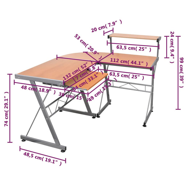 vidaXL Bureau d'angle informatique marron 132x112x99 cm bois d'ingénierie