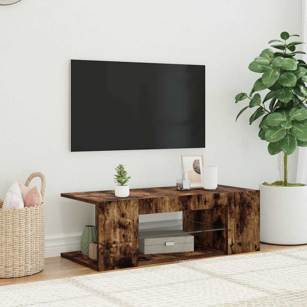 vidaXL Meuble TV avec lumières LED chêne fumé 90x39x30 cm