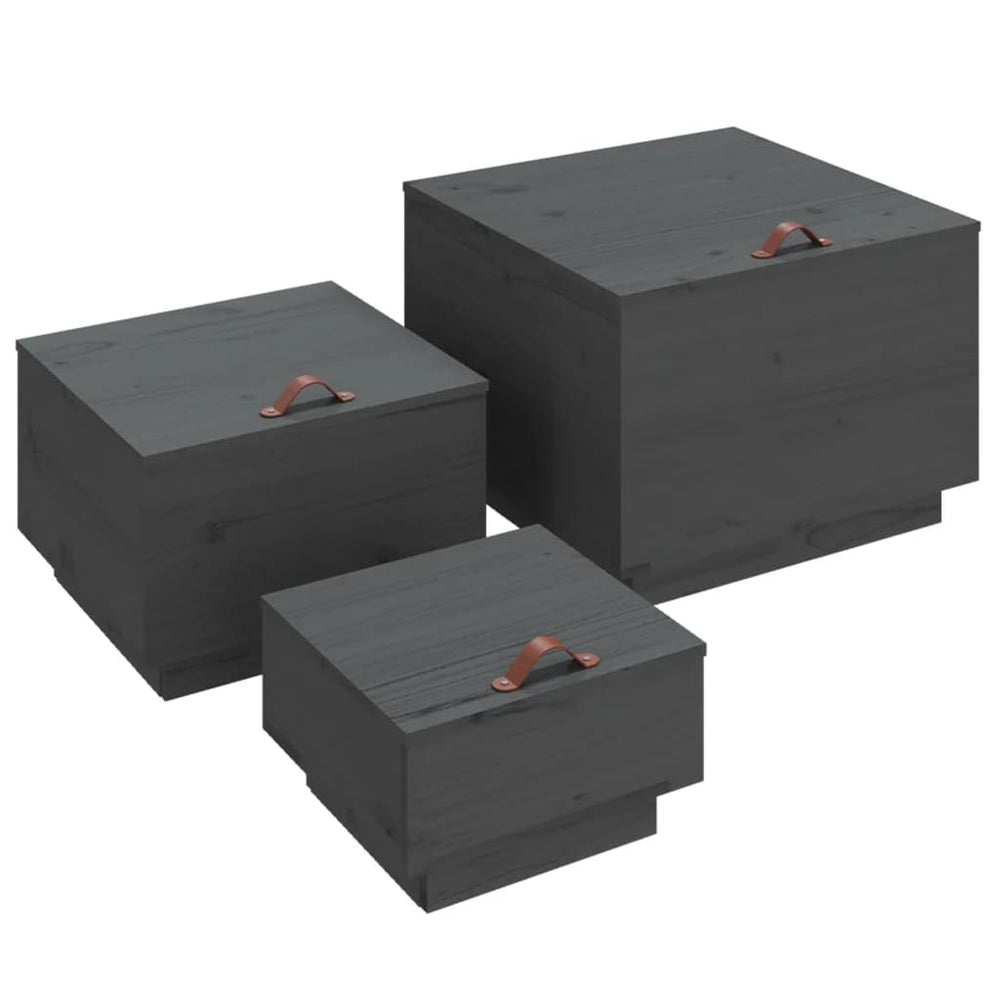 vidaXL Boîtes de rangement avec couvercles 3 pcs Gris Pin massif