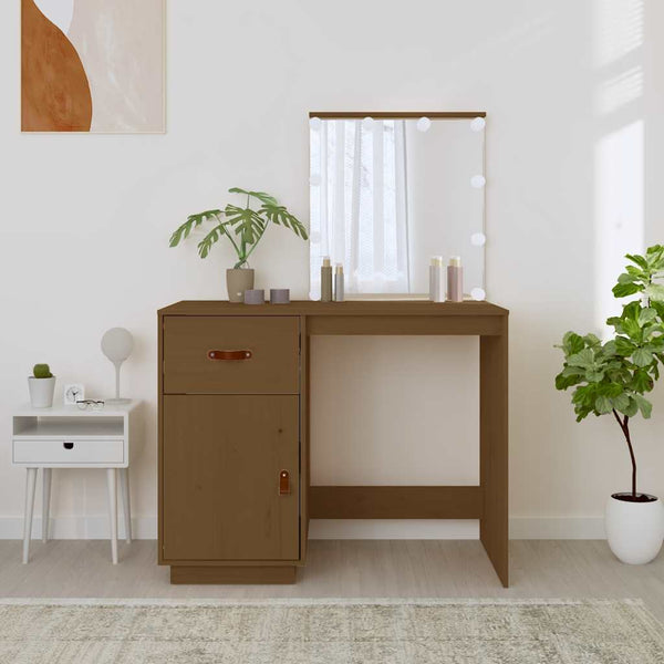 LED Schminktisch Honigbraun Kiefer Massivholz