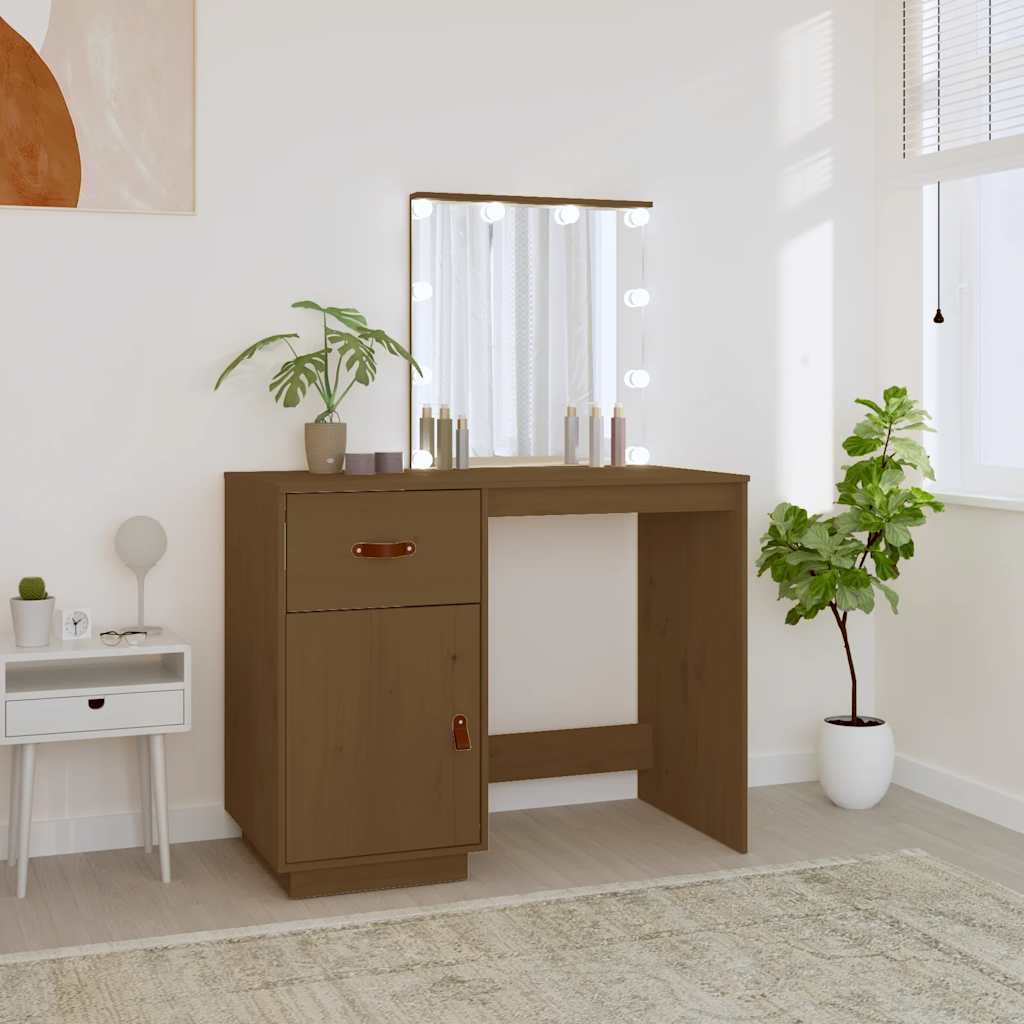 LED Schminktisch Honigbraun Kiefer Massivholz