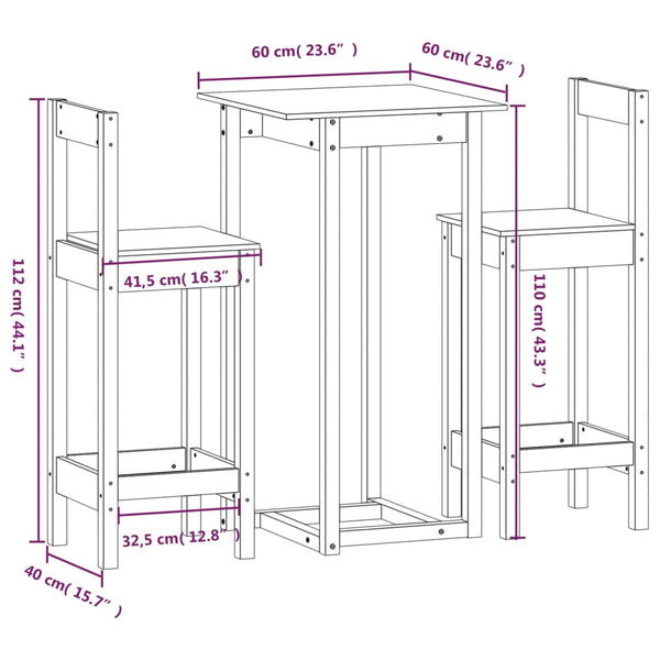 3-tlg. Bar-Set Massivholz Kiefer