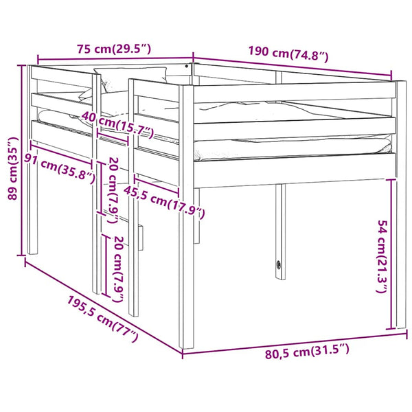 Weißes Kiefernholz Hochbett 75x190 cm