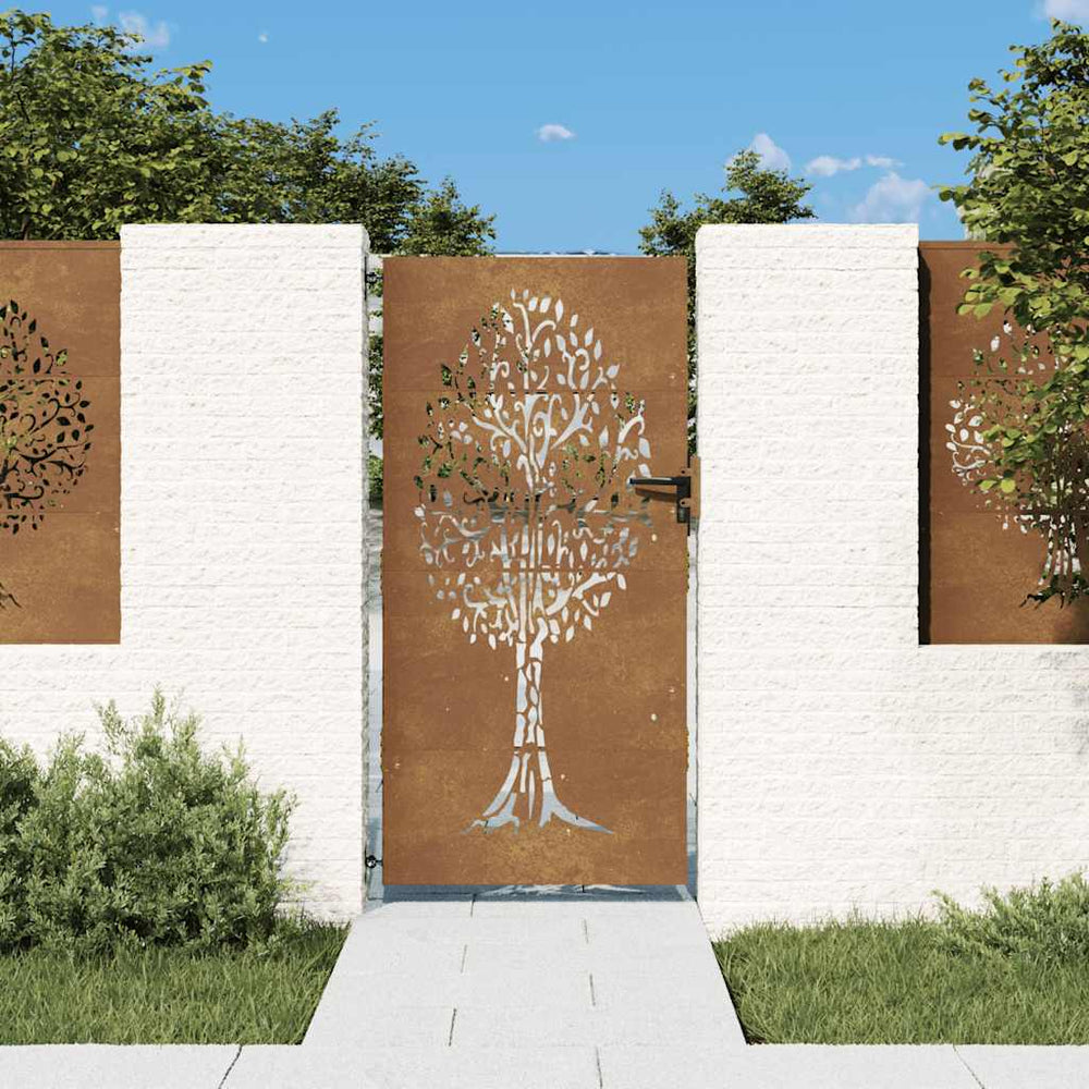 vidaXL Portillon de jardin 85x175 cm Acier corten Motif arbre