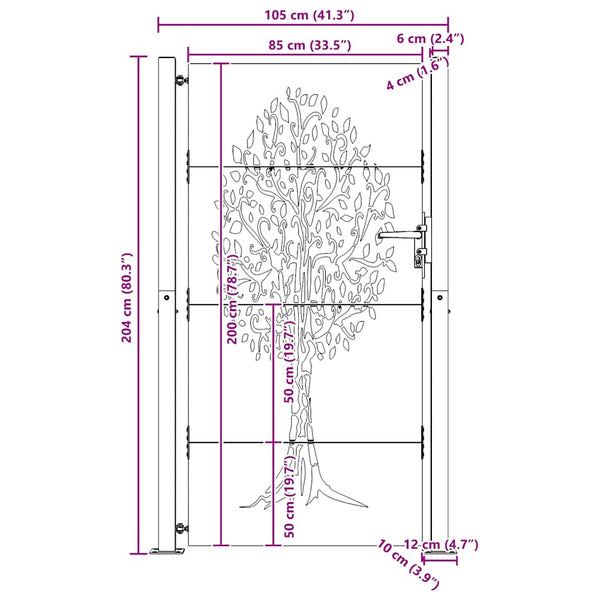 Gartentor 100x200 cm Cortenstahl Baumdesign