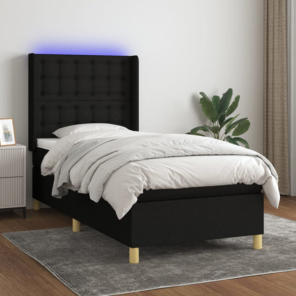 vidaXL Lit boxspring avec matelas et LED Noir 90x190 cm Tissu