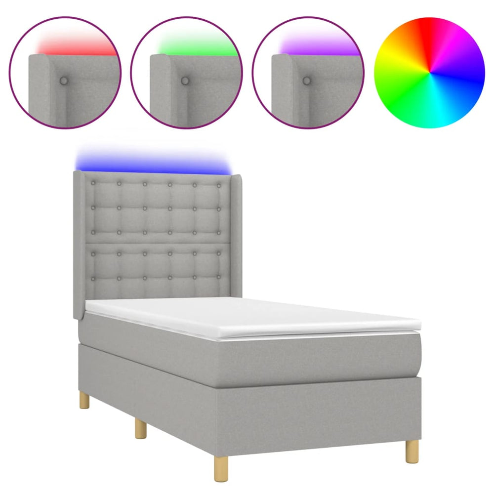 vidaXL Lit boxspring avec matelas et LED Gris clair 90x200 cm Tissu