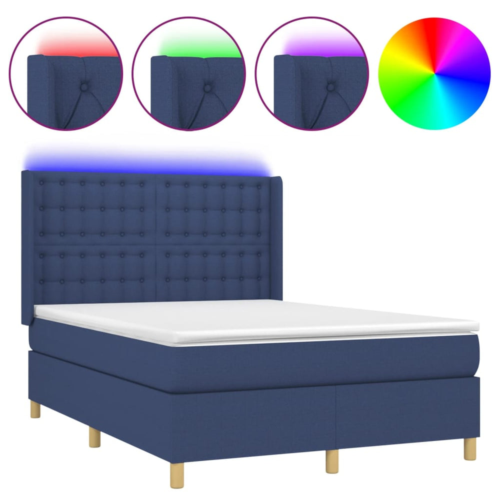 vidaXL Lit avec sommier tapissier, matelas et LED bleu 140x200 cm Tissu