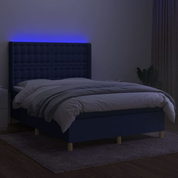 vidaXL Lit avec sommier tapissier, matelas et LED bleu 140x200 cm Tissu