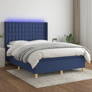 vidaXL Lit avec sommier tapissier, matelas et LED bleu 140x200 cm Tissu