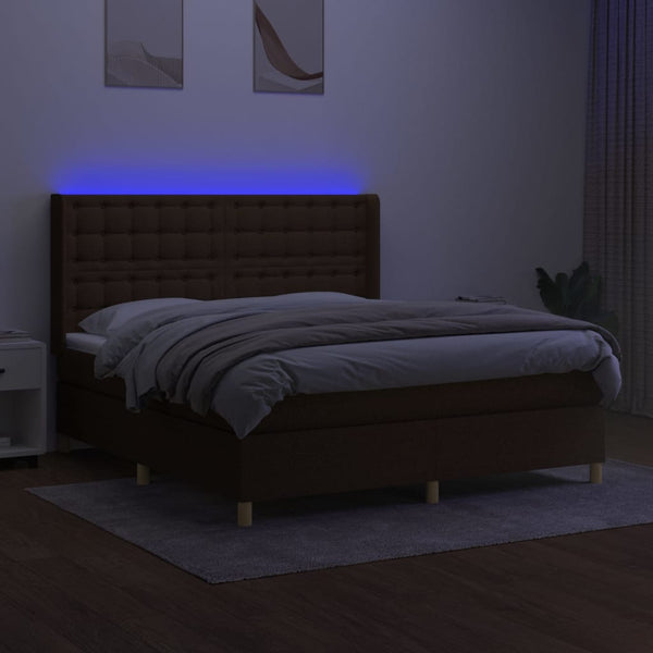 vidaXL Lit boxspring avec matelas et LED Marron foncé 180x200 cm Tissu