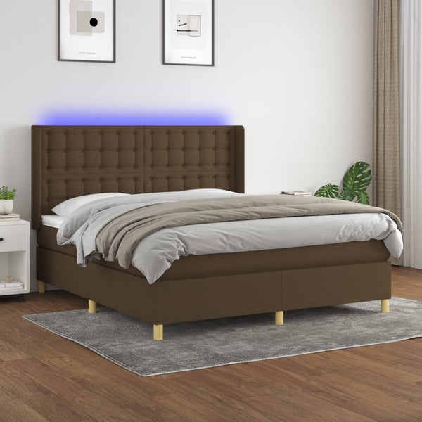 vidaXL Lit boxspring avec matelas et LED Marron foncé 180x200 cm Tissu