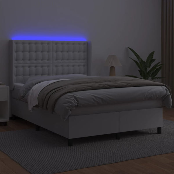 vidaXL Lit boxspring avec matelas et LED Blanc 140x200 cm Similicuir