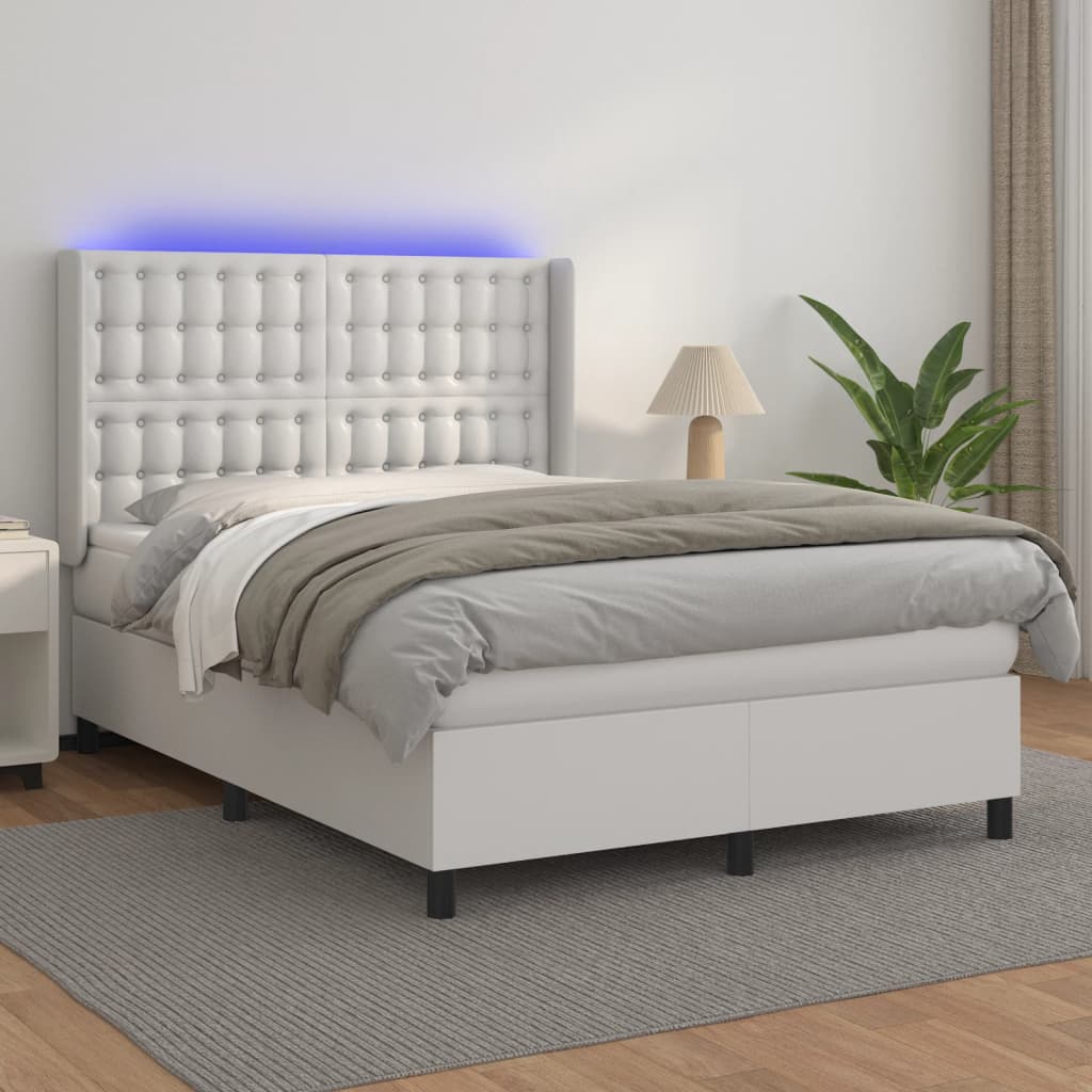 vidaXL Lit boxspring avec matelas et LED Blanc 140x200 cm Similicuir